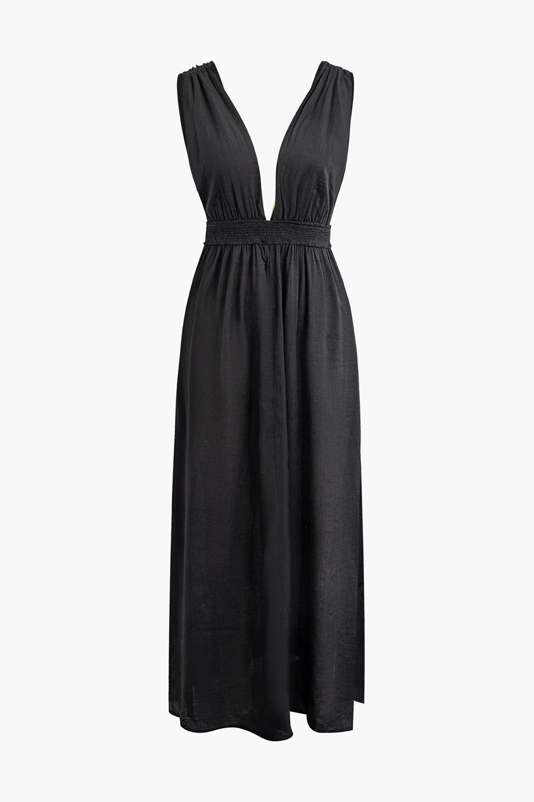 Deep V-neck Ruched Sleeveless Maxi Dress