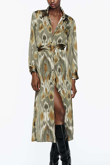 Printed Long Sleeve Belted Midi Shirt Dress