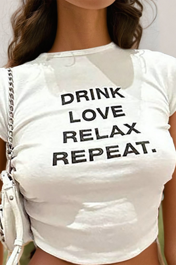 DRINK LOVE RELAX REPEAT Letter Print Ruched Cut Out T-shirt