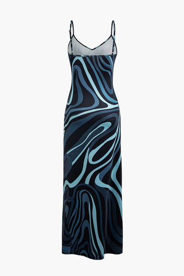 Abstract Print Backless Side-Slit V-Neck Cami Maxi Dress