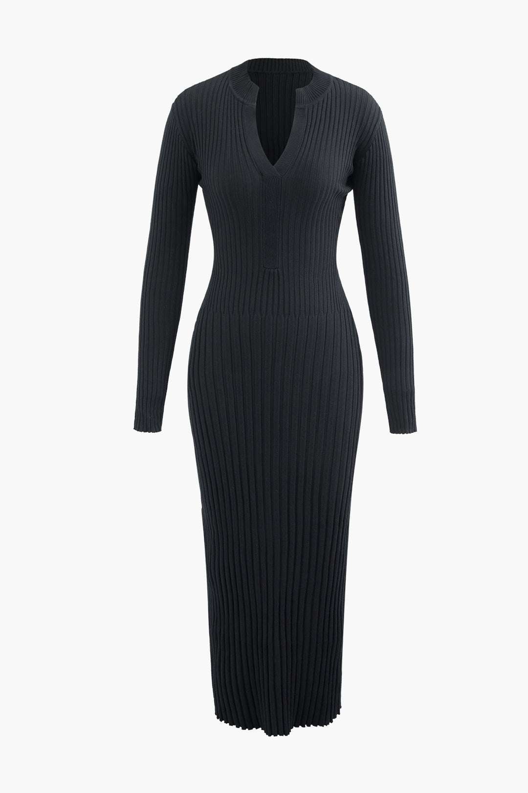 V-neck Frayed Hem Rib Knit Long Sleeve Maxi Dress