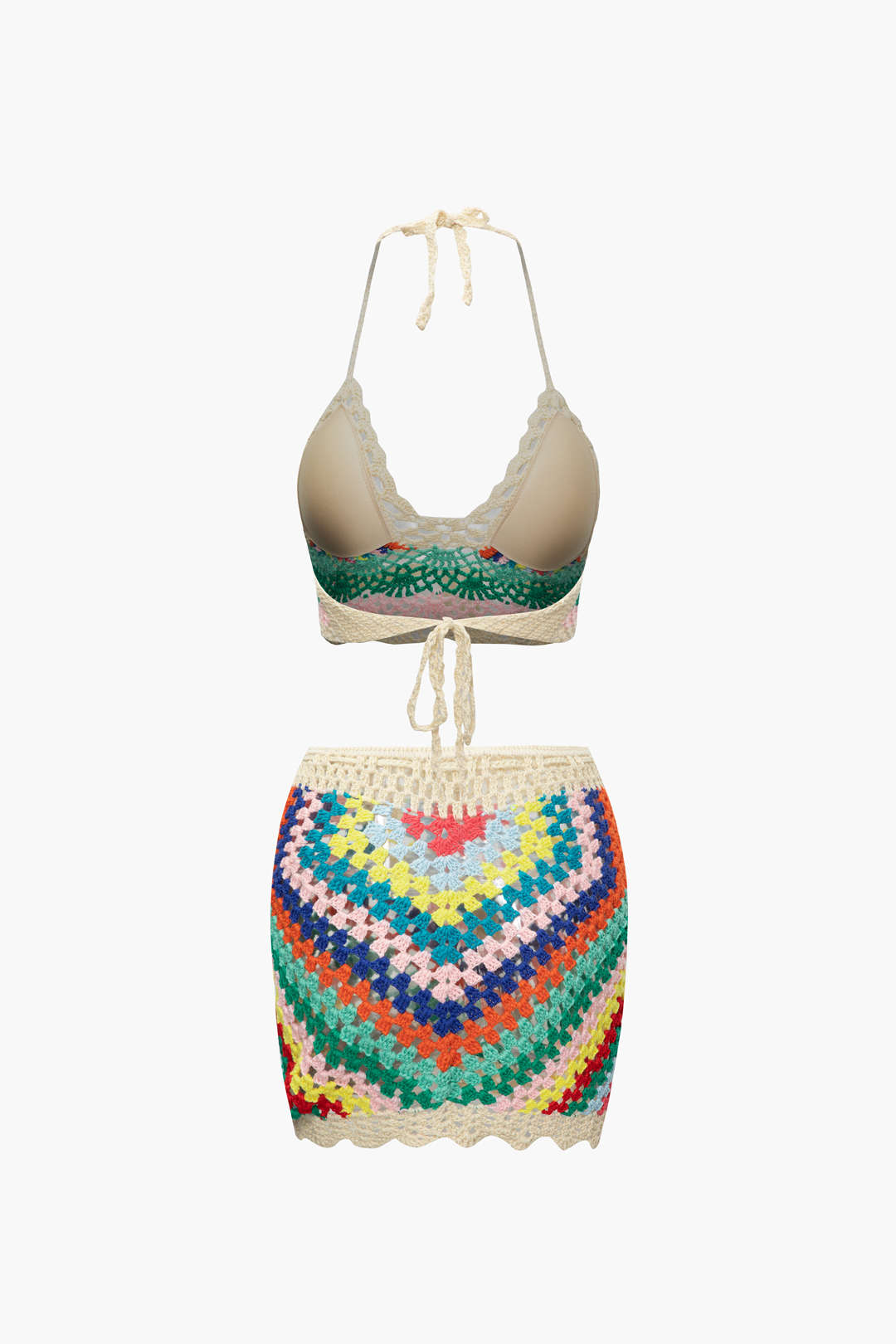 Rainbow Crochet Halter Bikini And Skirt 3pc Set