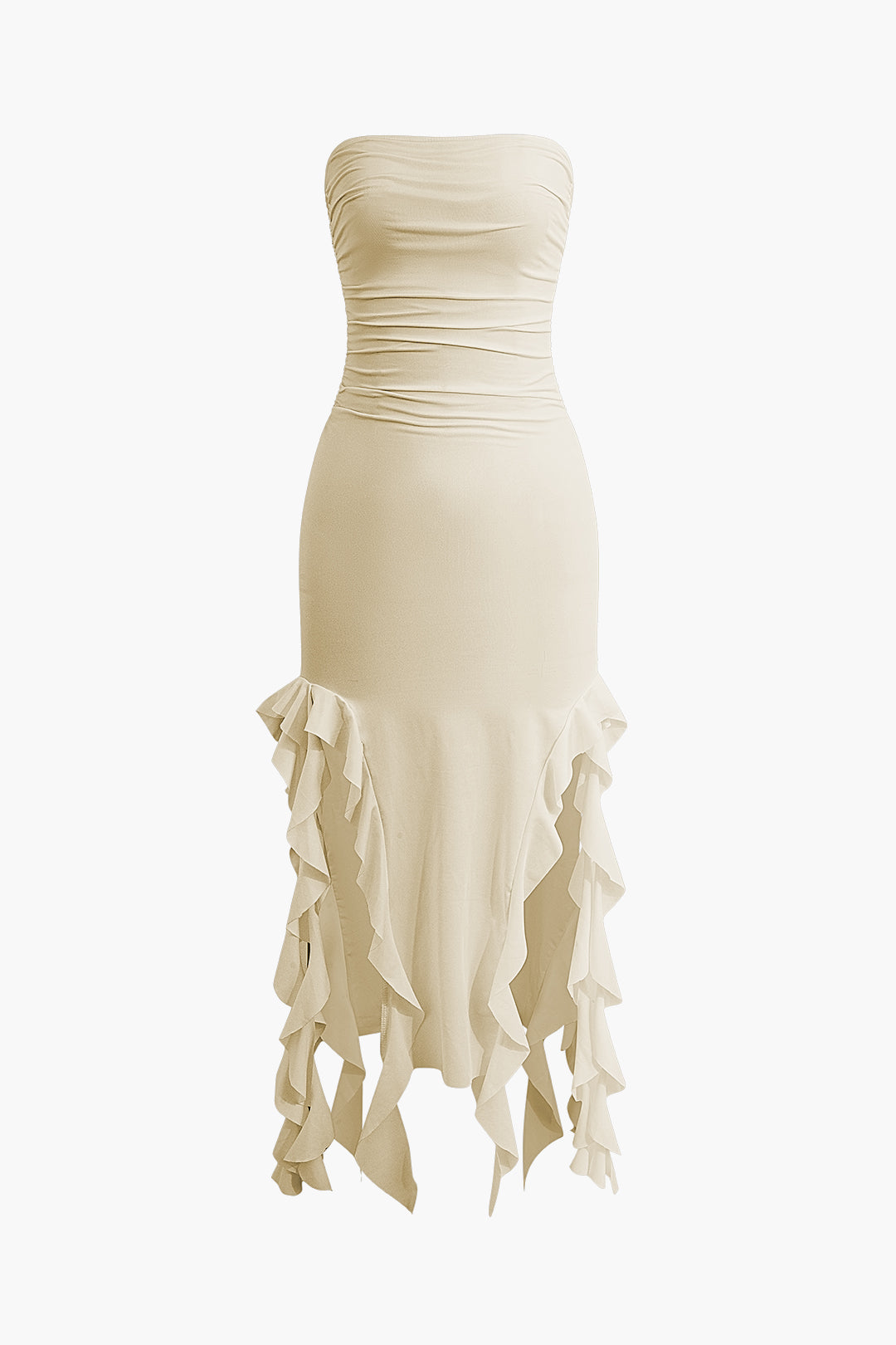 Solid Ruffle Hem Ruched Tube Maxi Dress