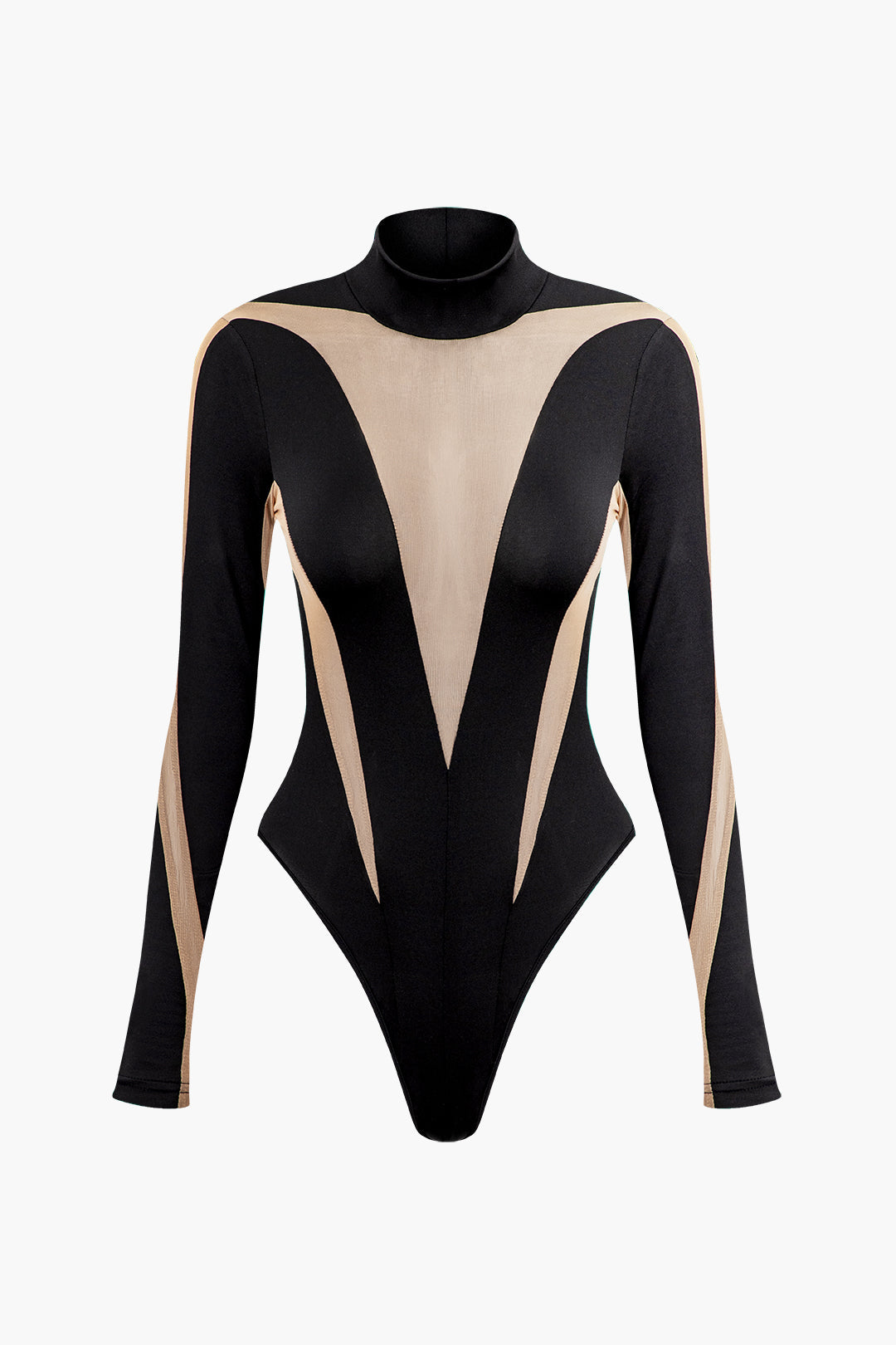 Patchwork Mesh Mock Neck Long Sleeve Bodysuit