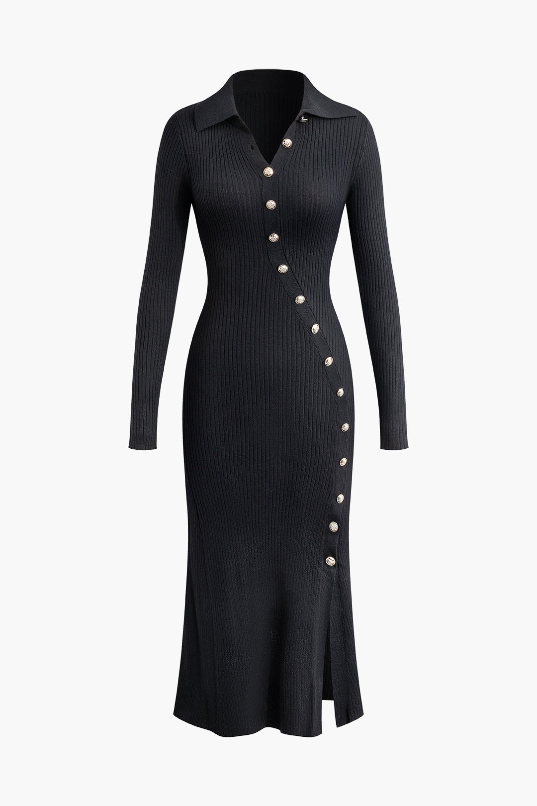 Asymmetric Button Collar Slit Midi Dress