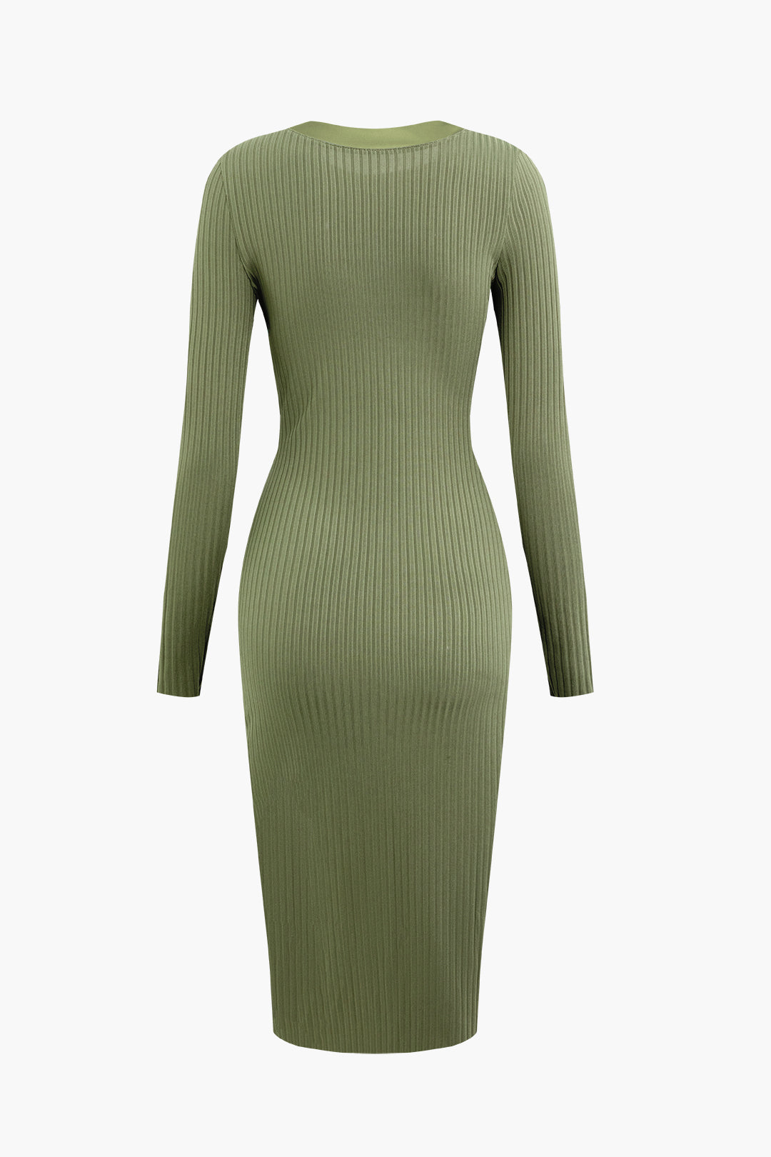 Button Up Flap Pocket Rib Knit Long Sleeve Midi Dress