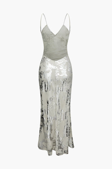 Metallic V-neck Backless Slip Maxi Dress