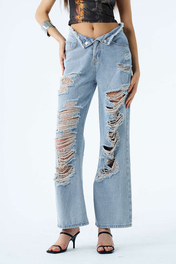 Frayed Destroyed Straight Leg Jeans