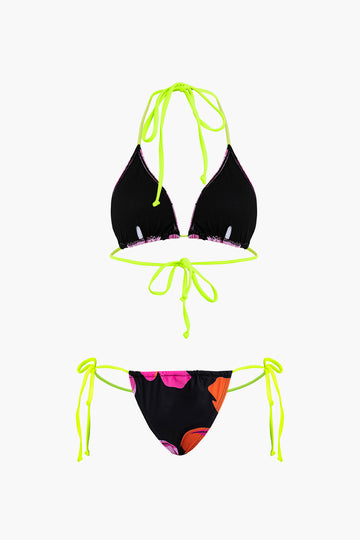 Floral Print Tie Halter Bikini Set