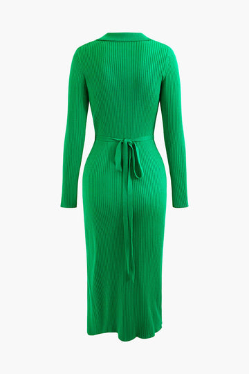 V-neck Wrap Tie Long Sleeve Rib Knit Midi Dress