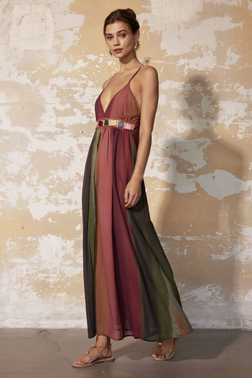 Contrast Stone Embellished Backless V-neck Maxi Dress