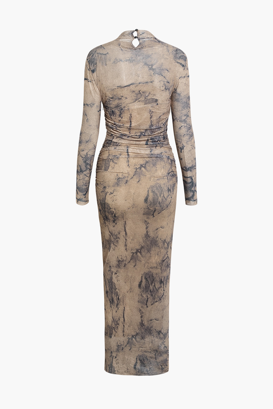 Abstract Print Mock Neck Mesh Ruched Long Sleeve Maxi Dress