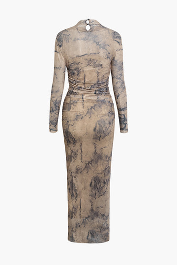 Abstract Print Mock Neck Mesh Ruched Long Sleeve Maxi Dress