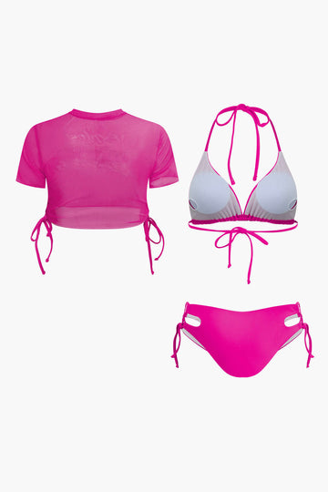 Print T-shirt And Tie Halter Bikini Set