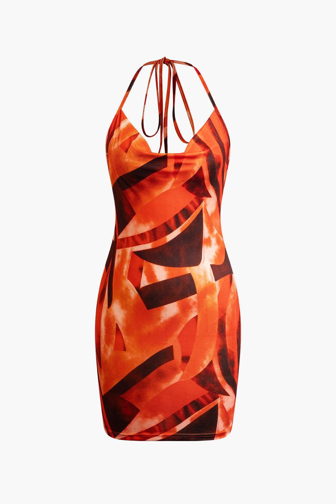 Abstract Print Cowl Neck Backless Halter Mini Dress