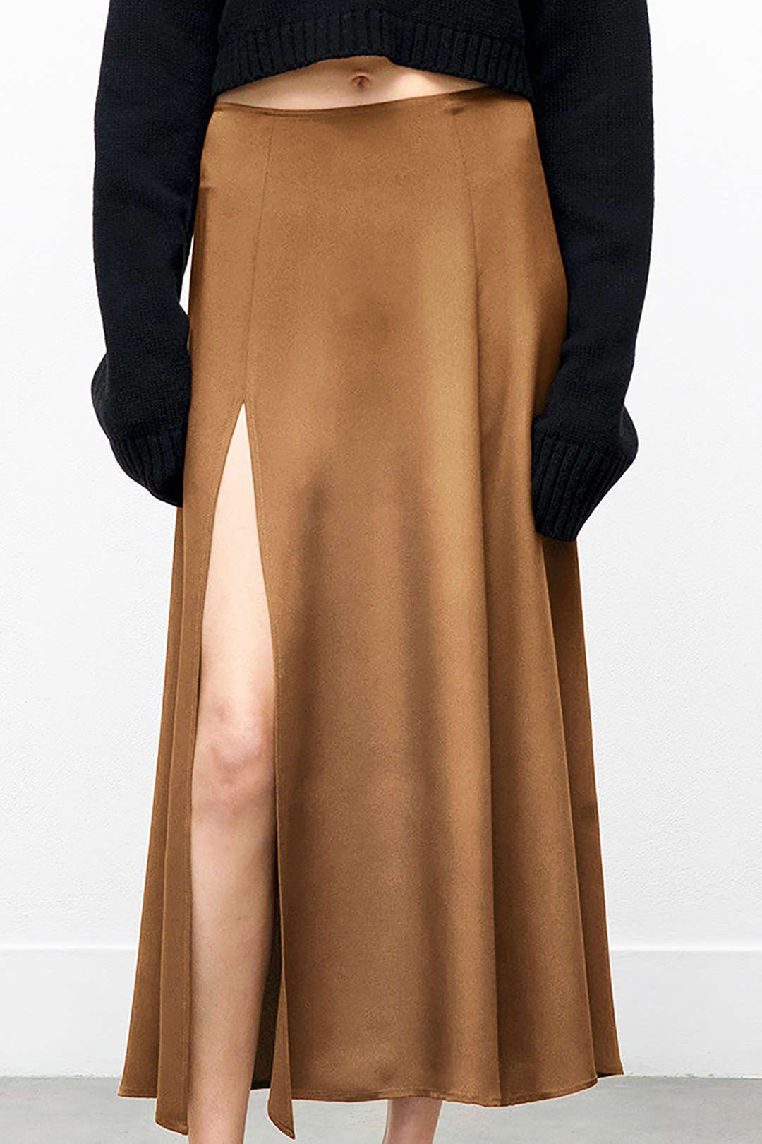 Solid A-line Split Stain Midi Skirt