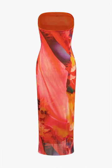 Tie Dye Strapless Mesh Midi Dress