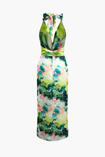 Floral Print Slit Cowl Neck Halter Backless Maxi Dress