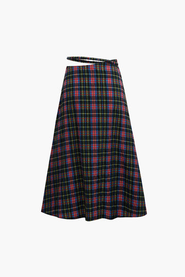 Plaid Cut Out Waist Midi Skirt