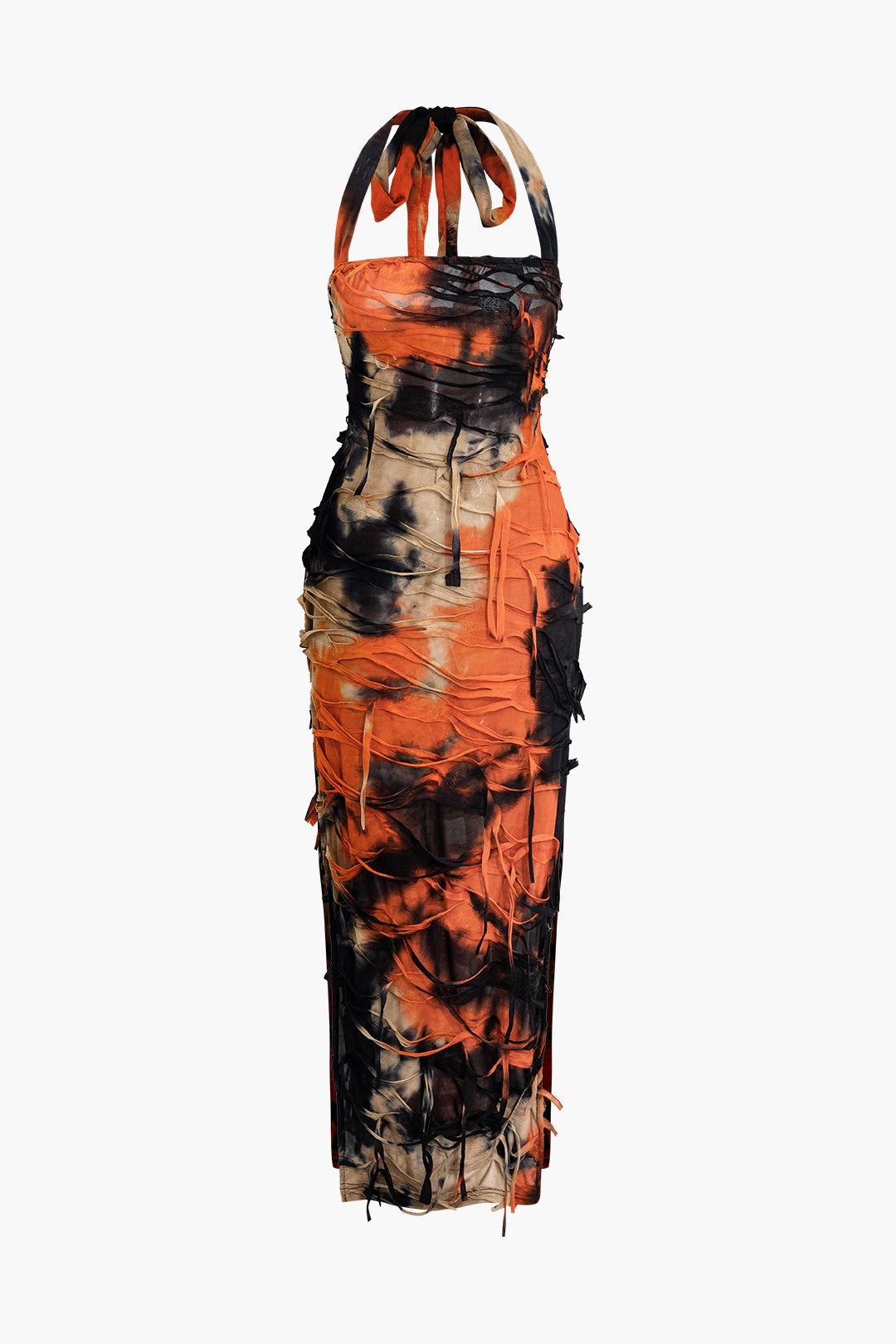 Tie Dye Distressed Mesh Slit Halter Maxi Dress