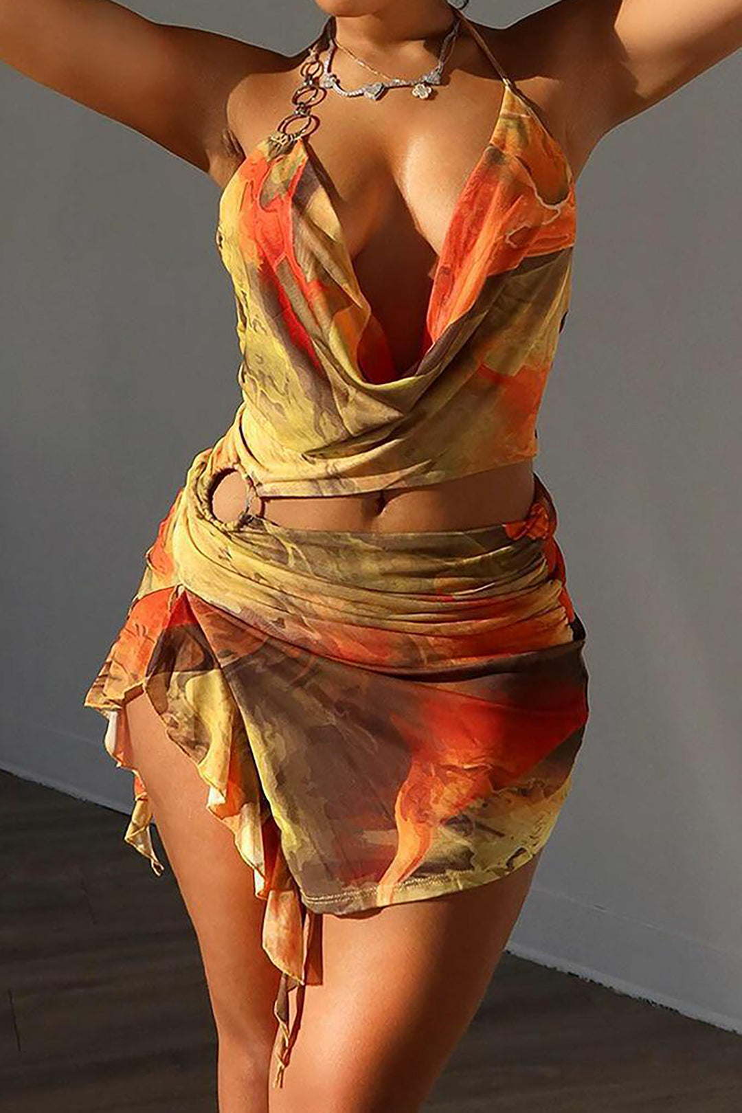 Abstract Print Halter Cowl Neck Slit Mini Dress