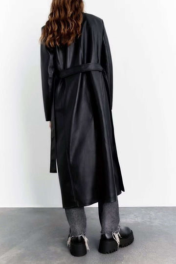 Faux Leather Notched Lapel Belted Trench Coat