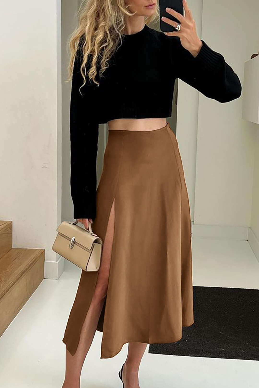 Solid A-line Split Stain Midi Skirt