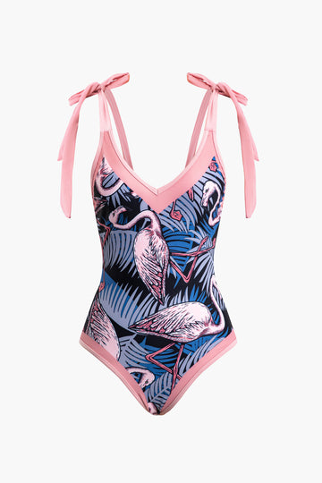 Flamingos Pattern Tie Swimsuit And Knot Sarong Skirt Set