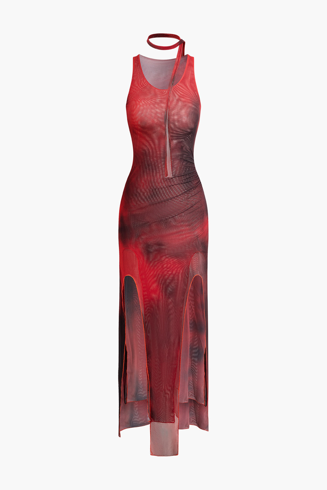 Tie Dye Mesh Asymmetrical Hem V-neck Sleeveless Midi Dress With Tie