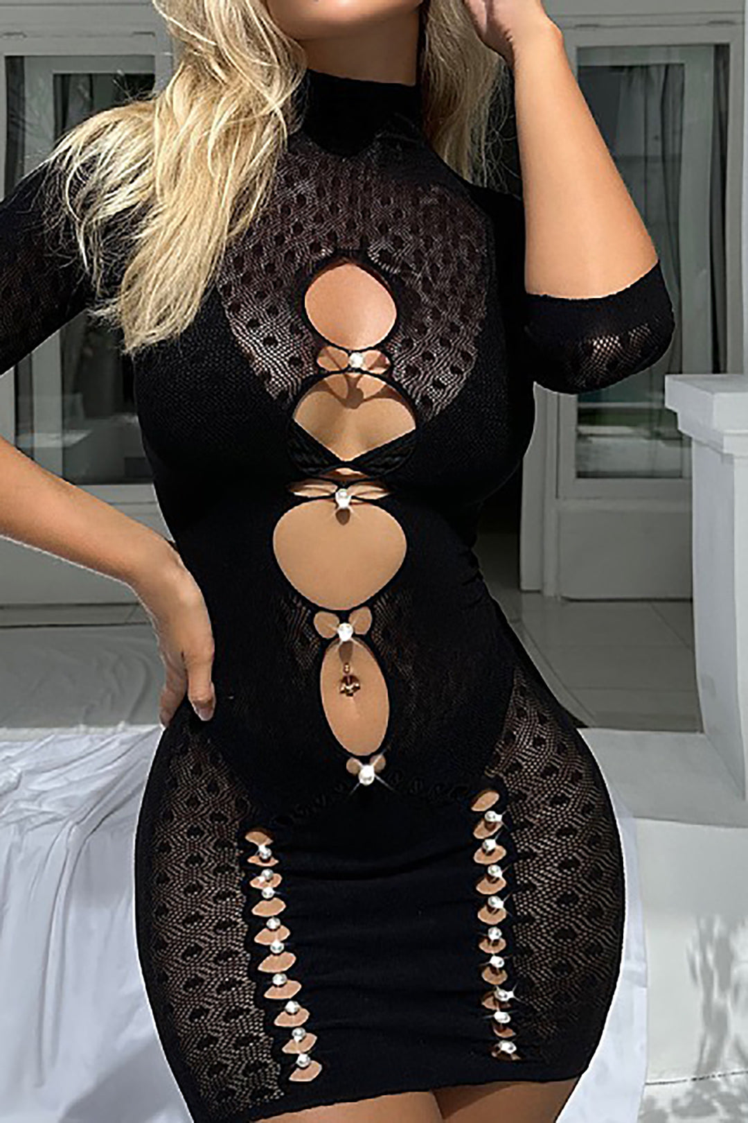 Pearl Decor Sheer Mesh Cut Out Mock Neck Mini Dress