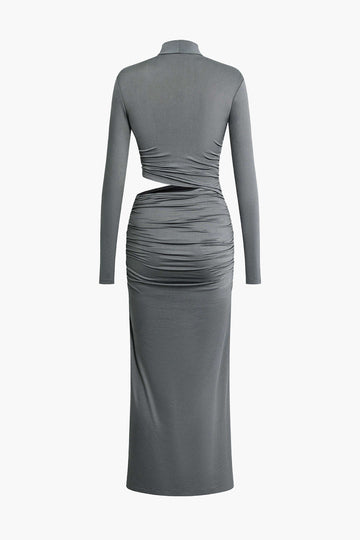 Mock Neck Cut Out Ruched Long Sleeve Midi Dress