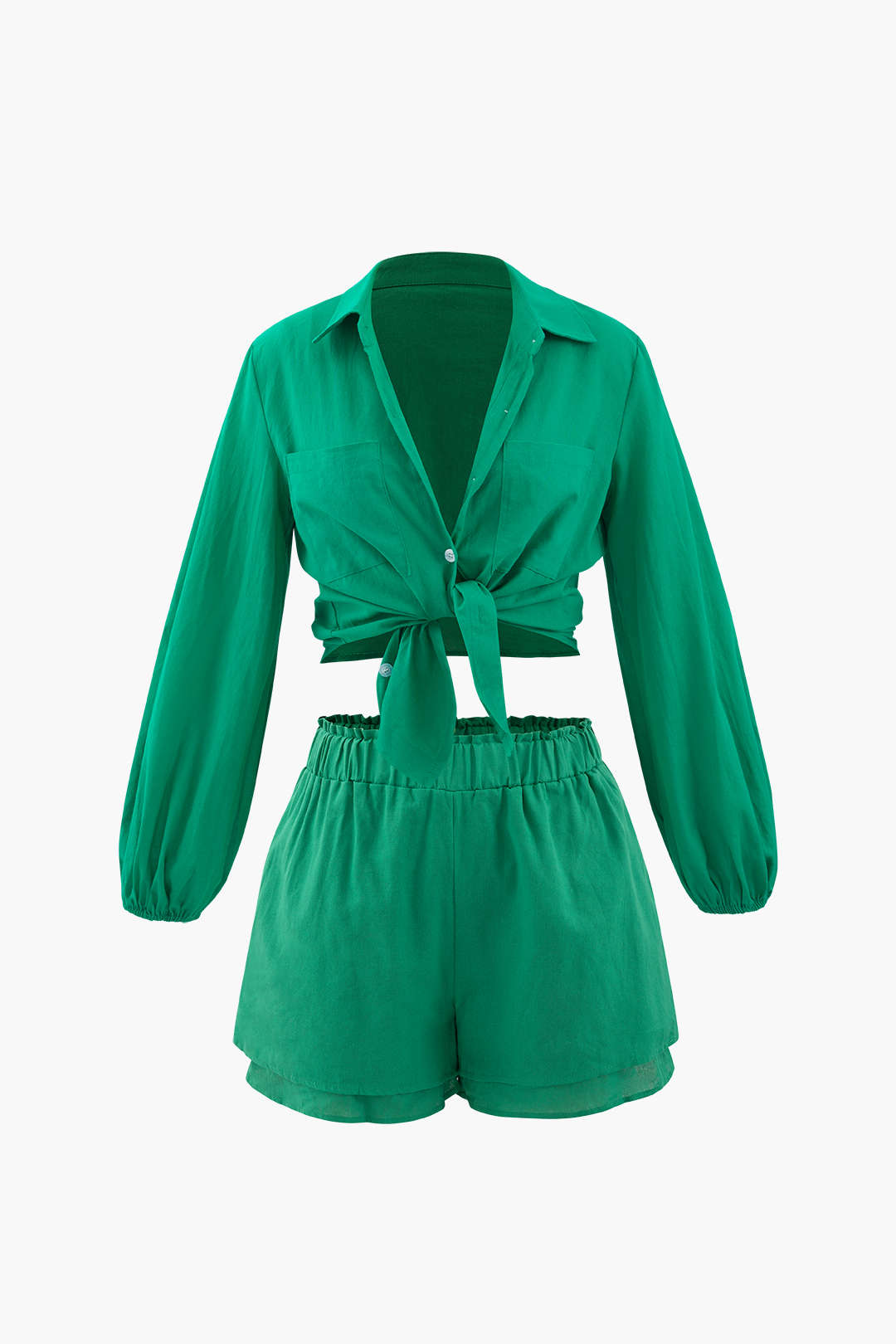 Chest Pocket Shirt And Frill Waist Shorts Set