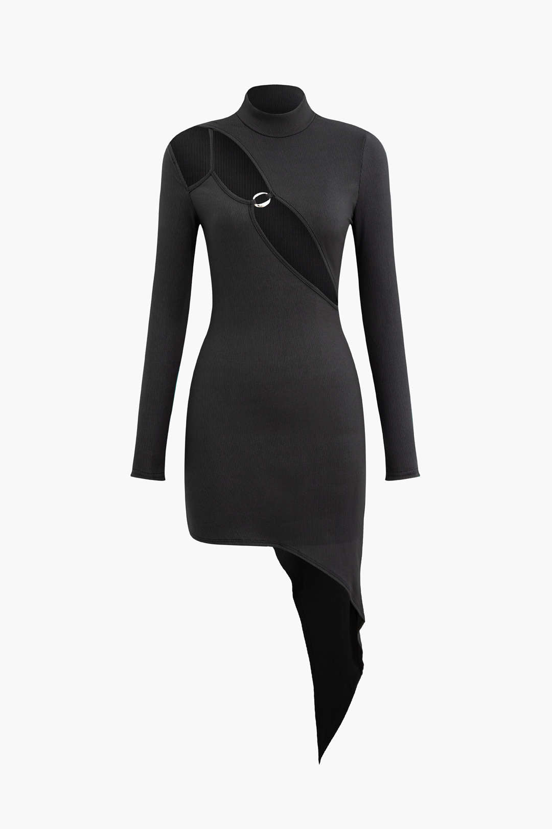 Asymmetrical Hem Mock Neck Cut Out Long Sleeve Mini Dress