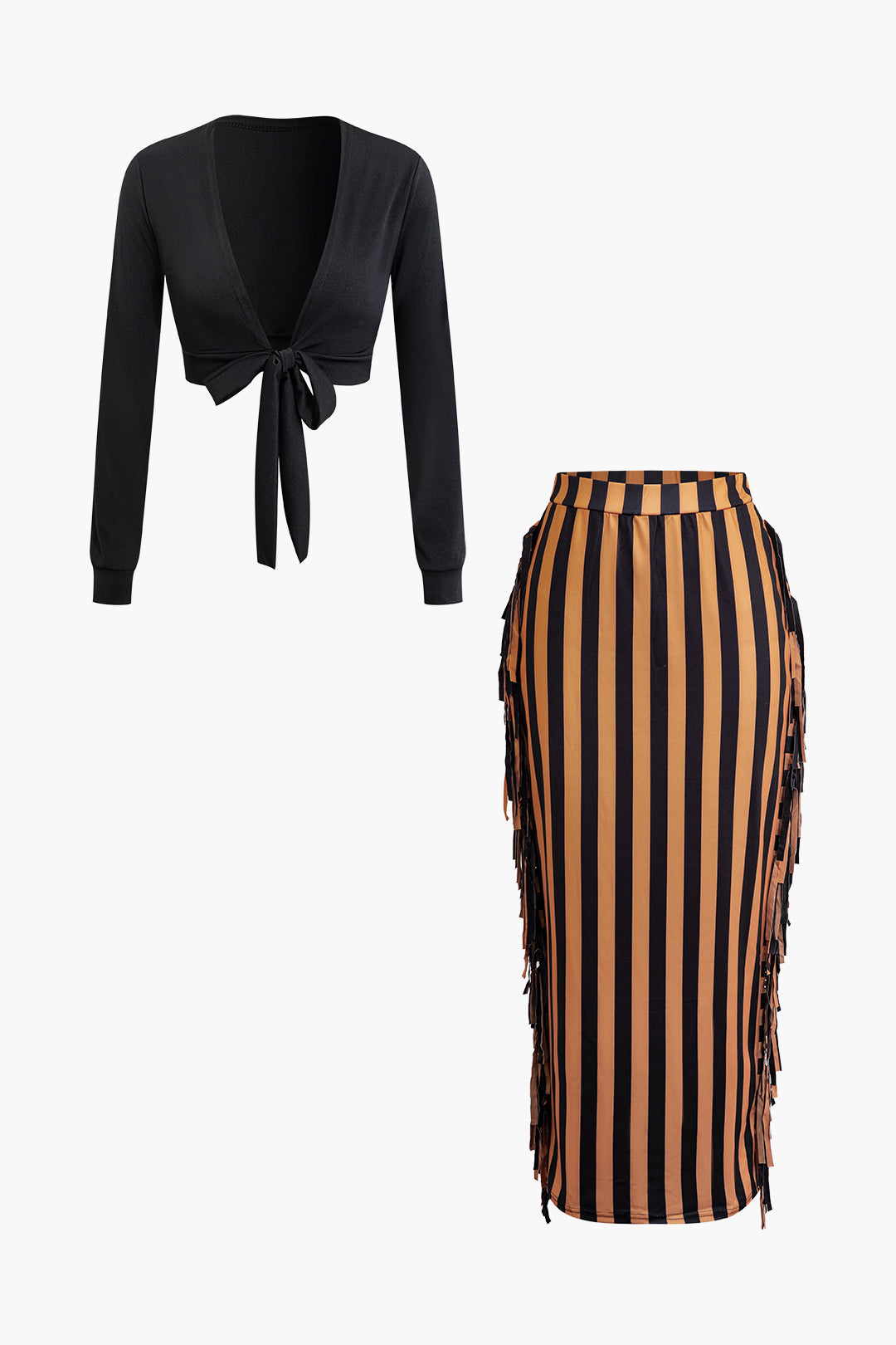 Knotted V-neck Long Sleeve Top And Stripe Tassel Maxi Skirt Set