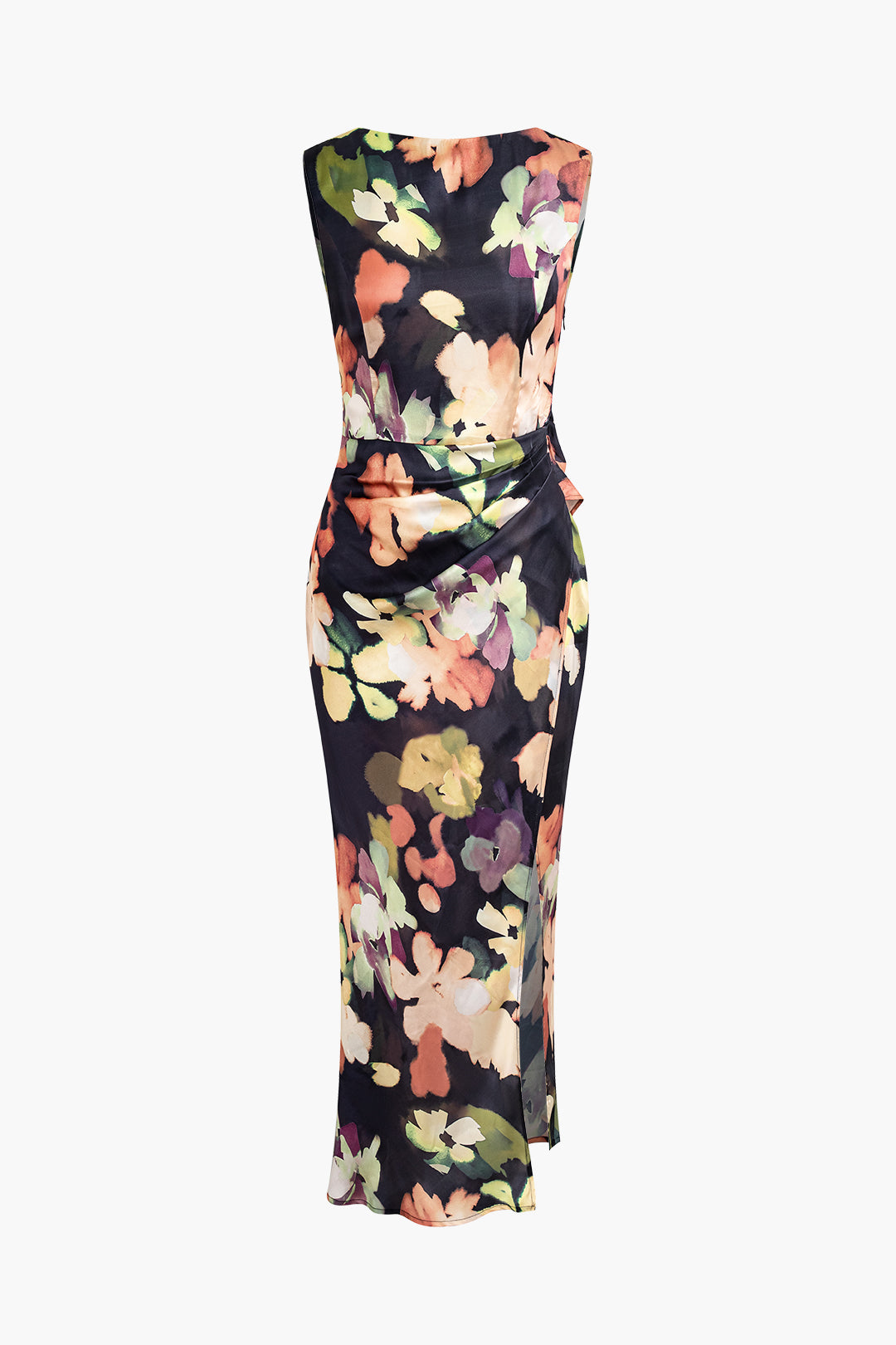 Floral Print Ruched Backless Sleeveless Slit Maxi Dress