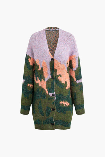 Landscape Pattern Button Up V-neck Knit Cardigan