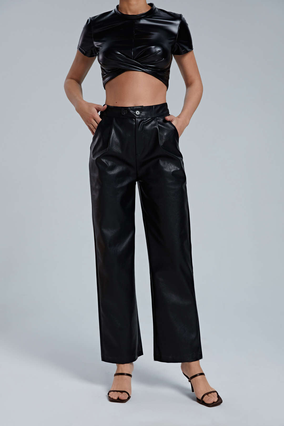 Faux Leather Elastic Waistband Straight Leg Pants