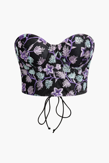 Flower Embroidery Tie Back Bustier Tube Top