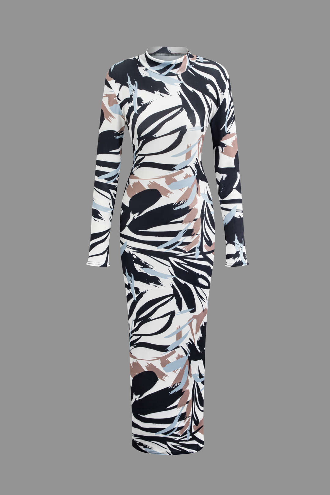 Abstract Print Mock Neck Long Sleeve Dress