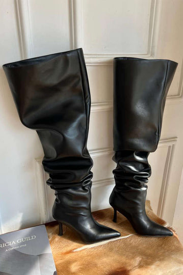 Faux Leather Wide-calf High-heeled Knee-high Boots