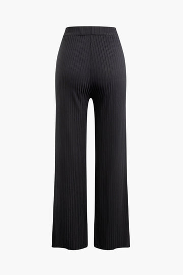 Twist Tie Round Neck Long Sleeve Top And High Waist Pants Set