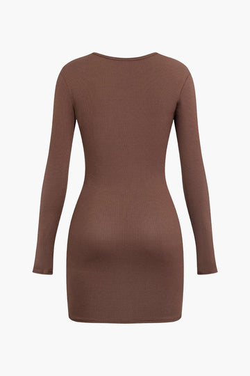 Square Neck Cut Out Rib Knit Long Sleeve Mini Dress