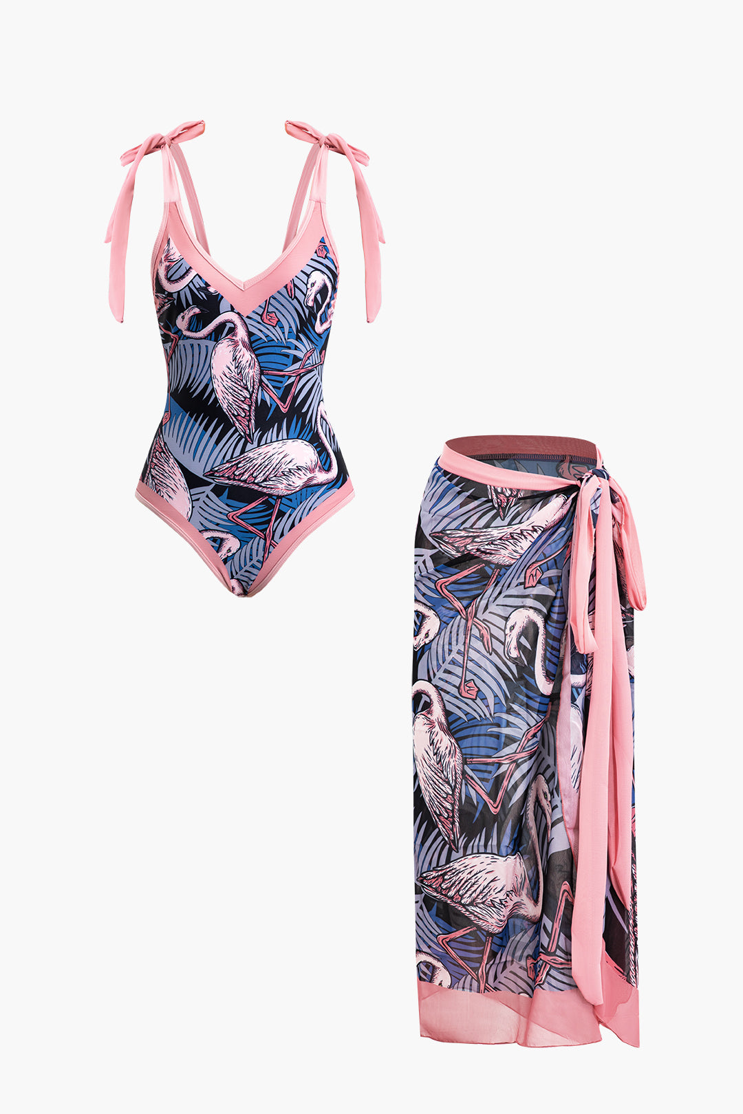 Flamingos Pattern Tie Swimsuit And Knot Sarong Skirt Set