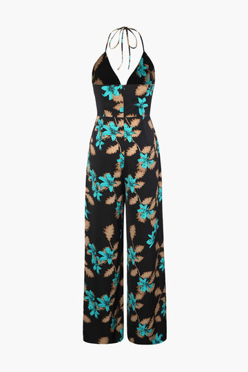 Floral Print Halter V-Neck Jumpsuit