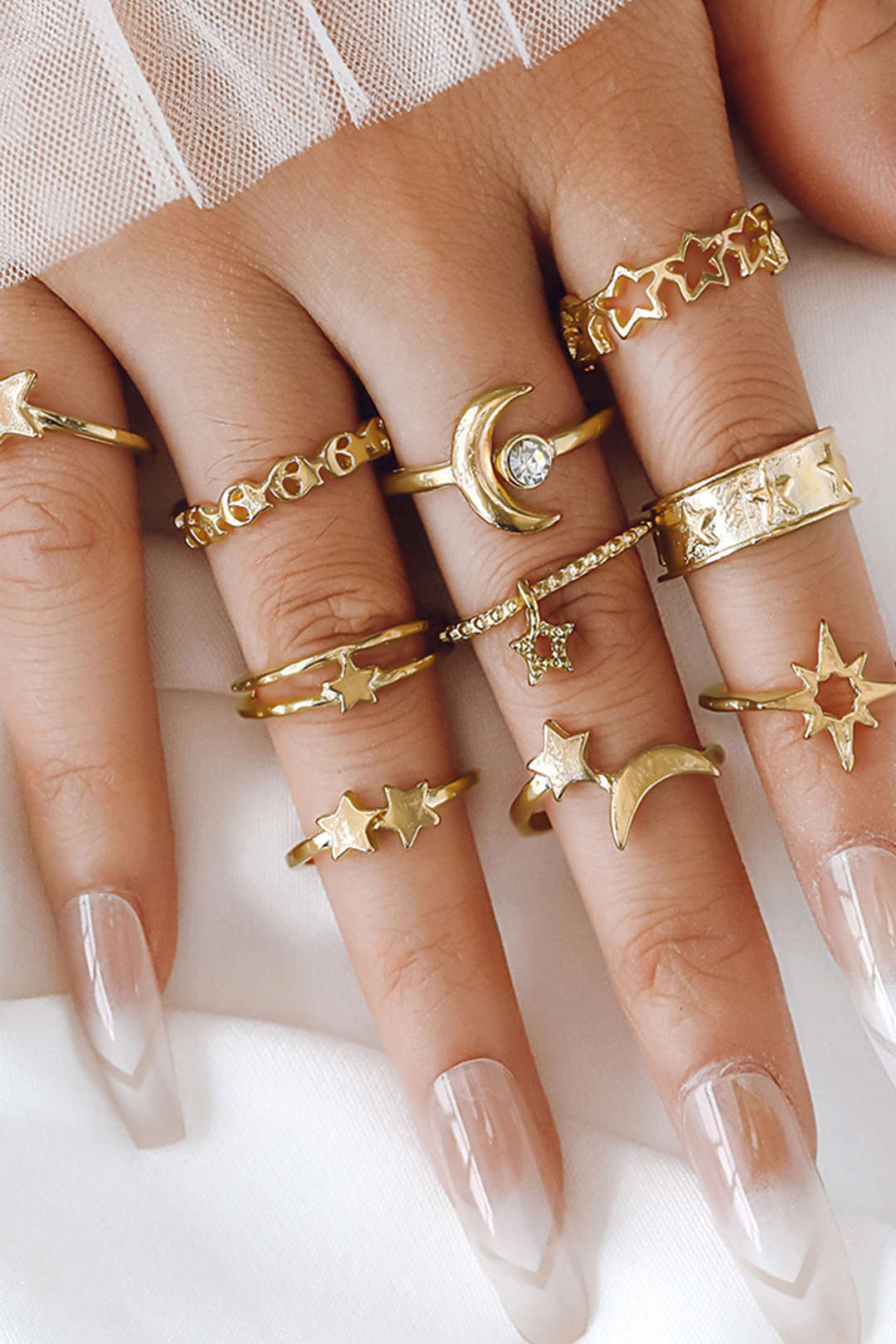 Set of 10 Star & Moon Rings