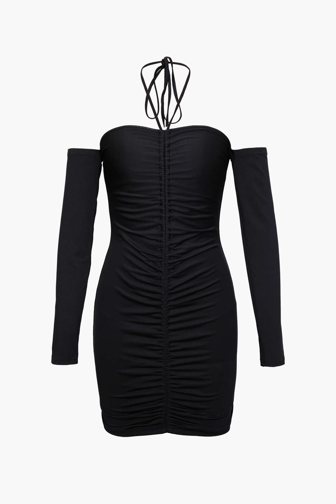 Halter Ruched Long Sleeve Black Dress